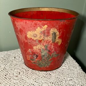 Mid Century Floral Trash Basket 11in Oval Trash Can Red Yellow Flowers